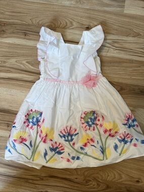 White Floral Embroidered Girls Dress with Pink Trim
